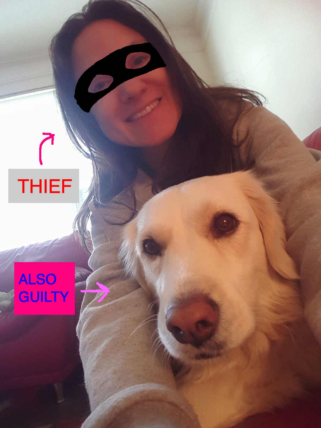 The incredible and beautiful Michelle (a female woman) 'wearing' a painted on bandit eye mask looking like zoro or a bank robber from the 1920's with her dog Mona (big yellow fluff dog)