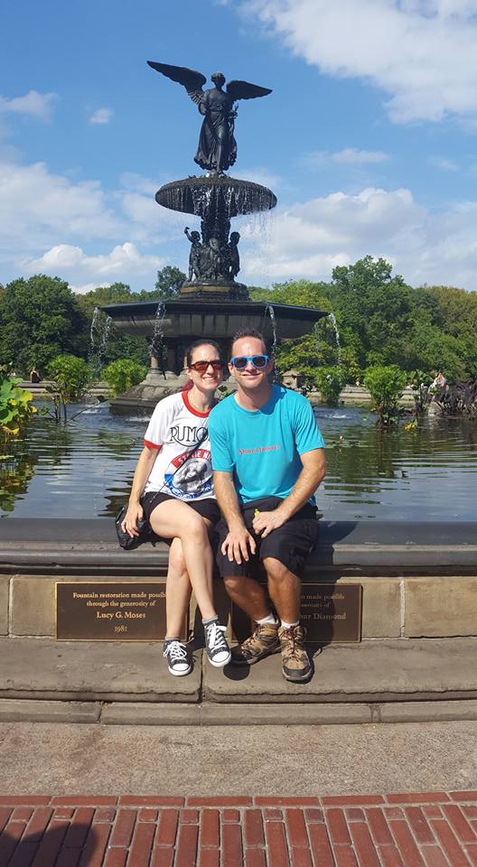brian and michelle looking good as a couple in front of a central park fountain in NYC
